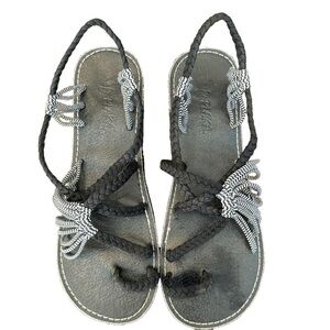 Women's Planka Palm Leaf Black/White Summer Sandals. Size 9